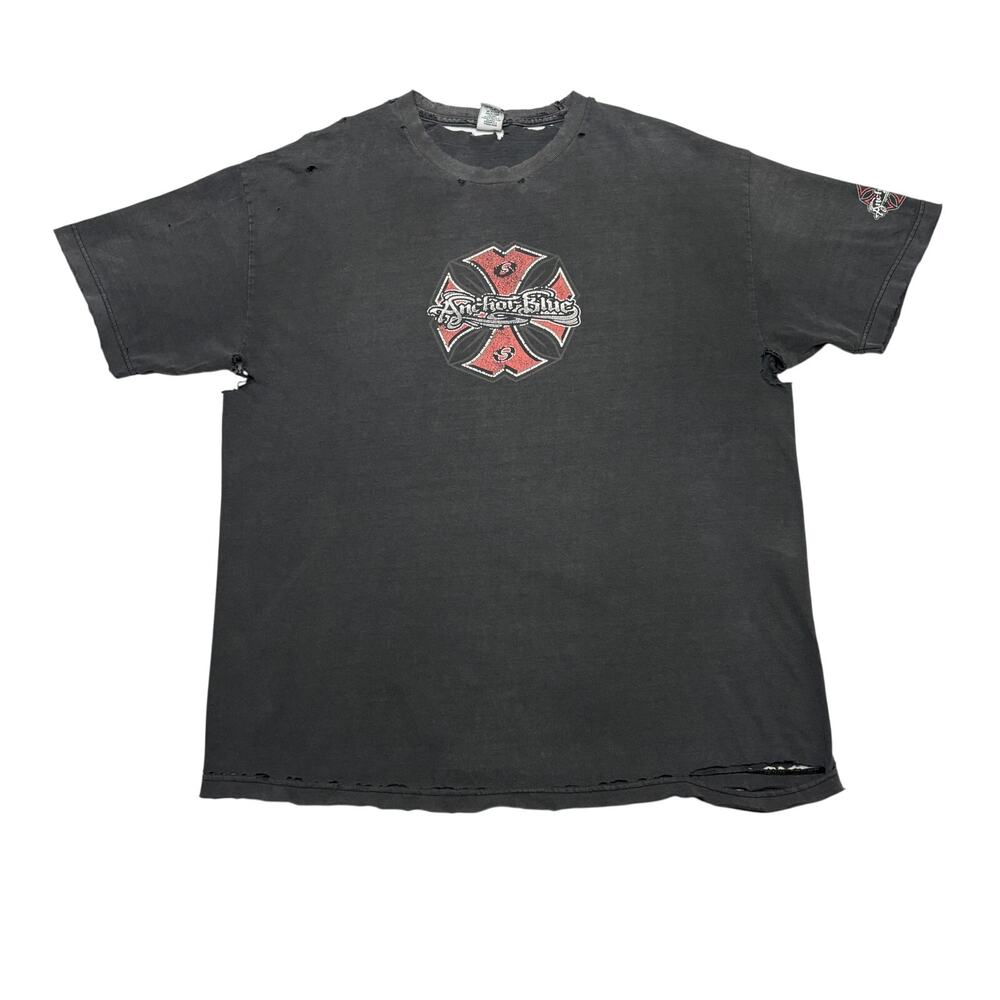 Vintage 90s Anchor Blue Cross Logo T Shirt Mens XL Faded Distressed Y2K Skater